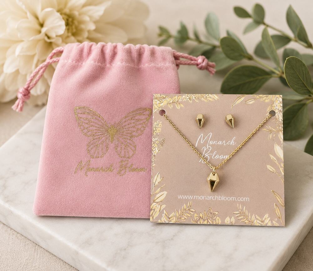 Monarch Bloom Shine Bright Necklace & Earrings Set 18K Gold Finish Geometric NWT